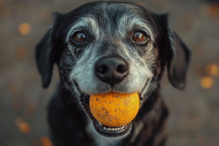 A cheerful dog stands with a ball in its mouth, looking playfully at the camera. The setting features soft lighting and a blurred background of greenery, suggesting a pleasant outdoor environment.の素材