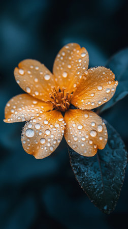 A vivid yellow flower stands out against rich green foliage, covered in glistening dew drops, illuminated by sunlight. Natures beauty is showcased in this vibrant setting.の素材