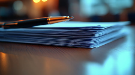 A stack of neatly arranged documents is placed on a wooden table, with a pen lying on top. Sunlight filters in through nearby windows, illuminating the workspace.の素材