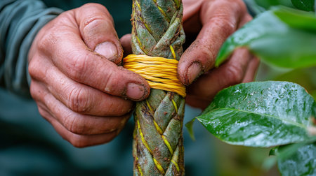 Hands are skillfully wrapping yellow twine around a thick plant stalk, surrounded by vibrant green foliage. This practical task is taking place in a natural setting under bright sunlight.の素材