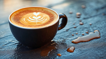 A beautifully crafted latte with intricate heart-shaped foam art sits in a blue ceramic mug on a wooden coaster. The warm beverage showcases rich colors and appealing textures.の素材