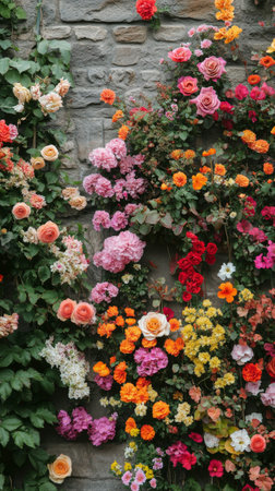 A vibrant bouquet filled with assorted wildflowers such as cosmos, marigolds, and gypsophila is arranged against a rustic blue wooden surface, showingcasing natures beauty.の素材