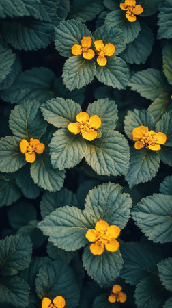Vibrant yellow flowers are blooming among rich green foliage, creating a striking contrast in a serene natural environment filled with life.の素材