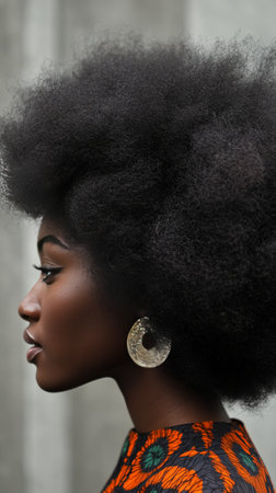 A woman proudly displays her voluminous natural hair in an outdoor setting. She wears striking earrings that complement her unique hairstyle, embodying confidence and beauty.の素材