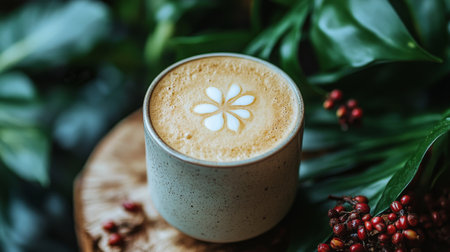 A beautifully crafted latte with intricate heart-shaped foam art sits in a blue ceramic mug on a wooden coaster. The warm beverage showcases rich colors and appealing textures.の素材