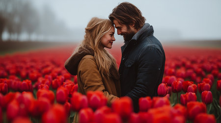 A couple walks hand in hand through a field filled with blooming red tulips as the sun sets, casting a warm glow over the scene. The beauty of spring captivates them.の素材