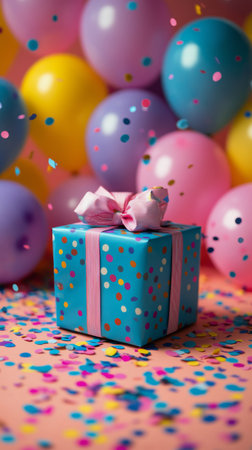A vibrant gift box with a pink ribbon sits at the center, surrounded by pastel-colored balloons and scattered confetti, creating a joyful celebration atmosphere.の素材