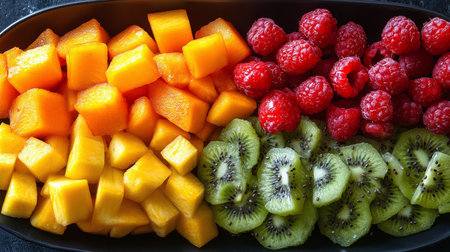 A vibrant fruit platter features ripe mango cubes, fresh raspberries, and sliced kiwi arranged in an appealing manner. Perfect for a sunny day gathering or picnic.の素材