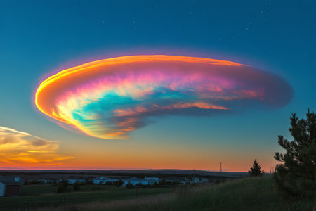 A stunning cloud formation resembling a disc floats in the evening sky, radiating a spectrum of colors during sunset. The serene rural landscape adds to the beauty of the scene.の素材