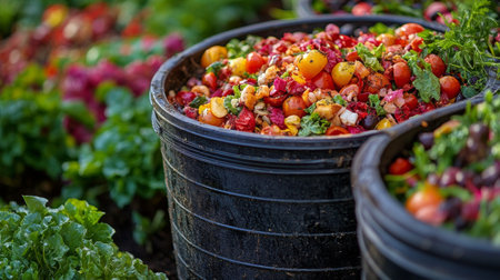 A wooden pot overflowing with colorful organic mulch sits amidst a garden full of blooming flowers. The warm sunlight enhances the natural beauty of the scene.の素材