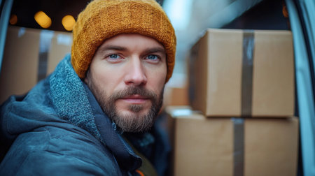 A delivery worker wearing a warm jacket and beanie organizes packages near a delivery truck on a bustling city street. The background shows blurred lights of the city.の素材