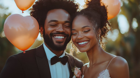 Joyful couple smiles at each other while holding red heart-shaped balloons in a lush outdoor area at sunset. Their happiness reflects the warmth of the moment.の素材
