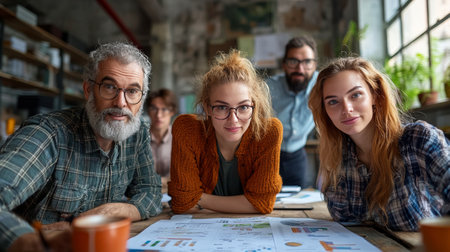 A group of four professionals gathers around a large table covered with documents and digital devices in an elegant library. They are engaged in a focused discussion, sharing insights and ideas.の素材