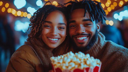 A joyful couple sits closely together, sharing a bucket of popcorn, with warm string lights glowing around them at an outdoor festive gathering. Both are smiling brightly, enjoying the moment.の素材