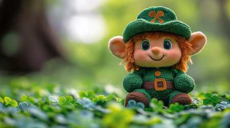 A cheerful green plush bear dressed in a St. Patricks Day outfit sits comfortably among vibrant clover plants, basking in the warmth of sunlight in a tranquil garden.の素材