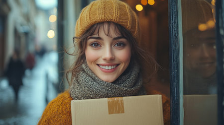 A young woman stands in front of a cafe wearing a cozy orange sweater and smiling brightly while holding a small package. The background features a rainy day atmosphere.の素材