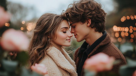 A young couple is close together, their foreheads touching, surrounded by blooming roses. Soft, warm lights create a romantic ambiance during dusk, enhancing the intimate atmosphere.の素材