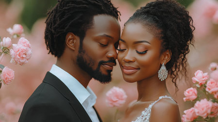 A young couple is close together, their foreheads touching, surrounded by blooming roses. Soft, warm lights create a romantic ambiance during dusk, enhancing the intimate atmosphere.の素材