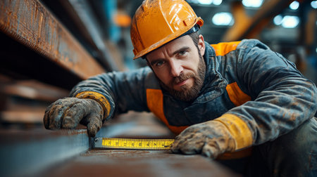 A man with a beard and gloves carefully examines a rusted steel beam at a construction site during daylight. He uses a yellow pencil to measure and assess the metal structure.の素材