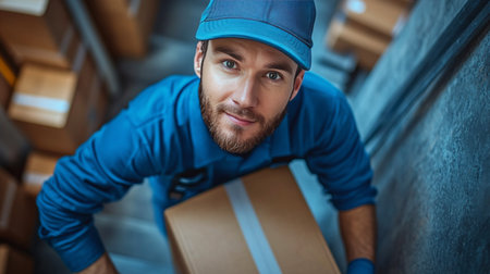 A worker in a blue uniform is engaged in sorting packages within a warehouse. The individual appears focused and is handling a large box amid other packages surrounding him.の素材