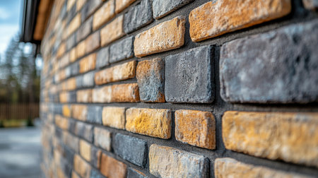 Close view of a brick wall exhibiting a variety of warm shades and textures, highlighting craftsmanship and quality construction under bright daylight conditions.の素材