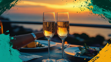 Two elegantly filled champagne glasses sit on a table set for dinner, with a stunning sunset and coastal scenery in the background creating a romantic atmosphere.の素材