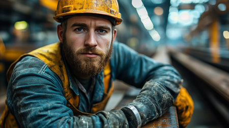 A construction worker stands with his back to the camera at a city construction site. He wears a yellow shirt and blue jeans, equipped with tools and a belt. The sky is cloudy.の素材