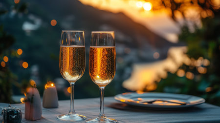 Two elegantly filled champagne glasses sit on a table set for dinner, with a stunning sunset and coastal scenery in the background creating a romantic atmosphere.の素材