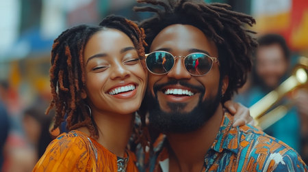 A woman with curly hair and sunglasses beams joyfully while taking part in a lively street festival. Colorful decorations and music activities create a festive atmosphere around her.の素材