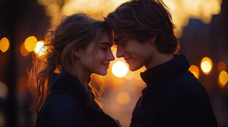 A young couple stands close together, foreheads touching, smiling softly at each other. The vibrant sunset casts a warm glow over the city, creating a romantic atmosphere.の素材