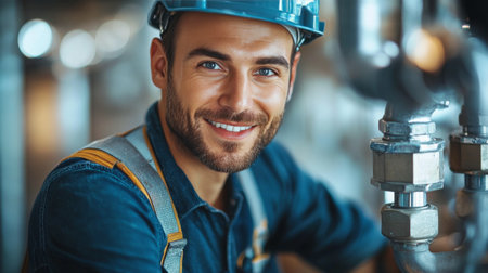 A man with striking blue eyes and a well-groomed beard gazes thoughtfully. He is dressed in a dark outfit and wearing a cap, with soft lighting enhancing his features in a cozy indoor space.の素材