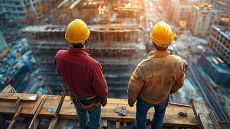 Three construction workers in hard hats are positioned over wooden beams at a bustling worksite. The scene captures their teamwork as they handle materials.の素材
