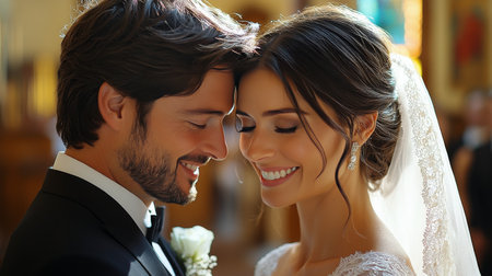 A joyful couple stands close together at their wedding, exchanging smiles and romantic gestures, surrounded by soft lighting and elegant decor that enhance the intimate atmosphere.の素材