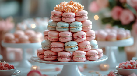 An elegant arrangement of colorful macarons is showcased on tiered white stands. The dessert table features a variety of flavors and decorations, perfect for a celebration.の素材