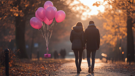A couple strolls hand in hand along a serene park path, illuminated by the warm glow of sunset. They hold colorful balloons, creating a cheerful atmosphere.の素材