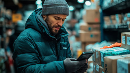 A delivery worker wearing an orange jacket and gloves smiles while holding a package on a rainy city street. Vehicles and buildings fill the background, creating a bustling atmosphere.の素材