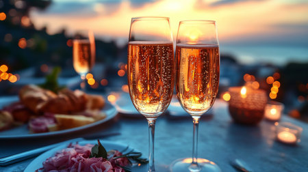 Two elegantly filled champagne glasses sit on a table set for dinner, with a stunning sunset and coastal scenery in the background creating a romantic atmosphere.の素材