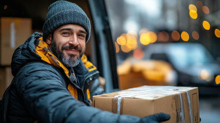 A delivery worker with a joyful expression is holding a cardboard box and approaching a delivery van. The background showcases a bustling urban setting with soft bokeh lights.の素材
