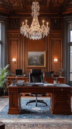 A sophisticated home office showcases a plush desk and chair under a sparkling chandelier.の素材