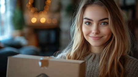 A woman with long hair smiles while holding a delivery box in a warm, inviting room decorated for winter. Soft lights create a festive atmosphere in the background.の素材