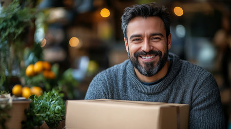 A man with a beard wearing a cozy sweater smiles warmly while sitting at a rustic market. Fresh fruits and vegetables surround him, creating an inviting atmosphere.の素材
