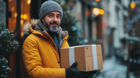 A young woman in a yellow winter coat stands outside on a snowy evening, holding a brown package with a smile as snowflakes fall around her.の素材