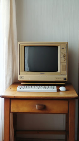 A retro computer setup features an old-fashioned monitor with a matching keyboard and mouse placed on a simple wooden desk. Sunlight softly illuminates the scene through a nearby window.の素材