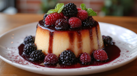 A creamy dessert is topped with assorted fresh berries and drizzled with chocolate. The rich colors and textures create a tempting visual, perfect for a sweet treat.の素材