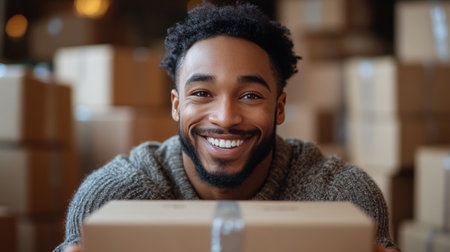 A man is joyfully presenting a package while standing in a spacious warehouse filled with stacked boxes. The warm lighting captures his enthusiasm and welcoming demeanor.の素材