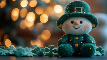 A cheerful green plush bear dressed in a St. Patricks Day outfit sits comfortably among vibrant clover plants, basking in the warmth of sunlight in a tranquil garden.の素材