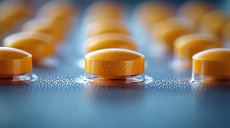 Orange tablets are lined up meticulously on a textured surface, showing their rounded shape and glossy finish against a softly blurred background.の素材
