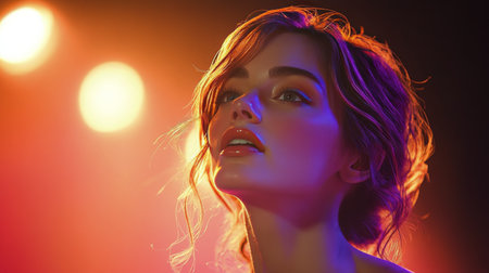 A young woman poses gracefully under colorful studio lights, her soft hair cascading around her face as she gazes thoughtfully into the distance, creating a captivating atmosphere.の素材