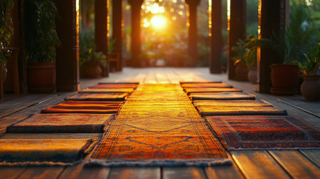 Vibrant rugs of various colors and patterns are elegantly arranged on wooden benches in a bustling market. Soft light highlights the intricate designs and textures, creating a rich atmosphere.の素材