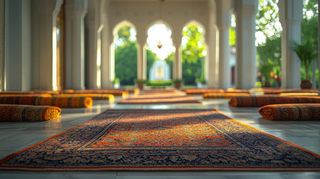 Vibrant rugs of various colors and patterns are elegantly arranged on wooden benches in a bustling market. Soft light highlights the intricate designs and textures, creating a rich atmosphere.の素材